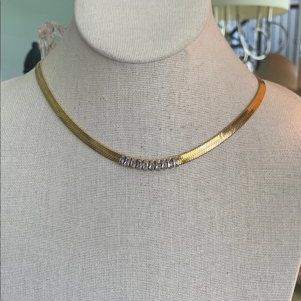 Gold Herringbone with Crystal Accent Necklace
